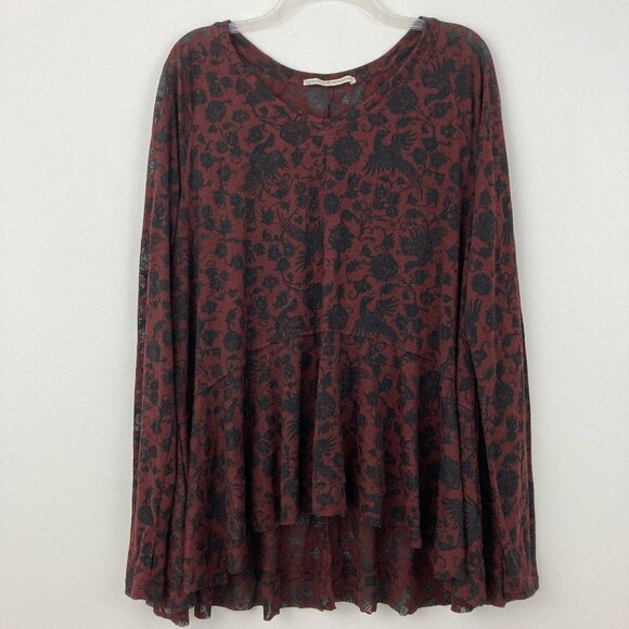 Peruvian Connection Phoenix Burnout Tunic Top Size L Cotton Hi-lo Bird Burgundy - Picture 1 of 11